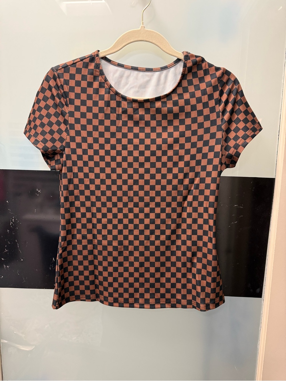 Checkerboard Short Sleeve Top - Brown/Black
